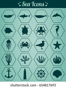 Sea icons and symbols set. Sea animals. Nautical design elements. Vector illustration