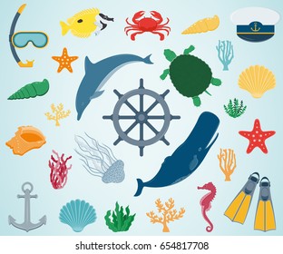 Sea icons and symbols set. Sea animals. Nautical design elements. Vector illustration