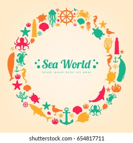 Sea icons and symbols set. Sea animals. Nautical design elements. Vector illustration