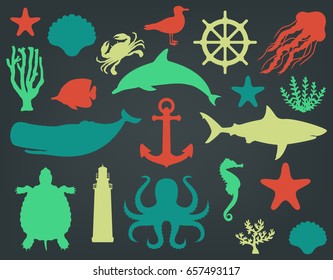 Sea icons and symbols set. Sea animals. Nautical design elements. Vector 