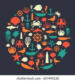 Sea icons and symbols set. Sea animals. Nautical design elements. Vector 