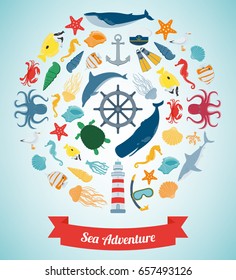 Sea icons and symbols set. Sea animals. Nautical design elements. Vector 