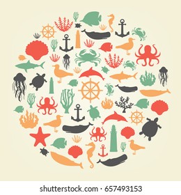 Sea icons and symbols set. Sea animals. Nautical design elements. Vector 