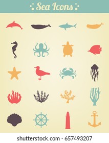 Sea icons and symbols set. Sea animals. Nautical design elements. Vector 