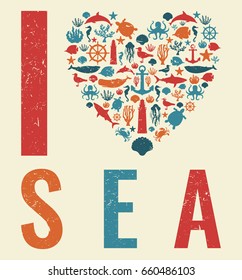 Sea icons and symbols set. Sea animals. Nautical design elements. Vector 