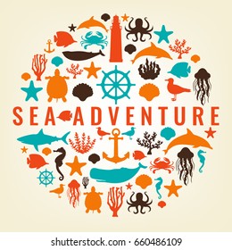 Sea icons and symbols set. Sea animals. Nautical design elements. Vector 