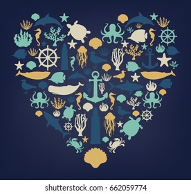 Sea icons and symbols set. Sea animals. Nautical design elements. Vector 