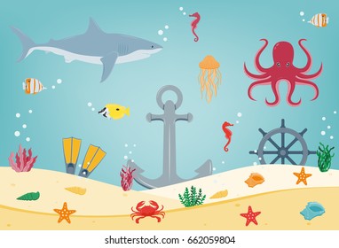 Sea icons and symbols set. Sea animals. Nautical design elements. Vector 