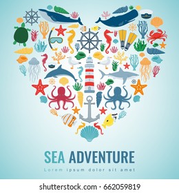 Sea icons and symbols set. Sea animals. Nautical design elements. Vector 