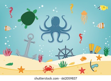 Sea icons and symbols set. Sea animals. Nautical design elements. Vector 