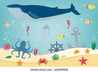 Sea icons and symbols set. Sea animals. Nautical design elements. Vector 