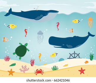 Sea icons and symbols set. Sea animals. Nautical design elements. Vector 
