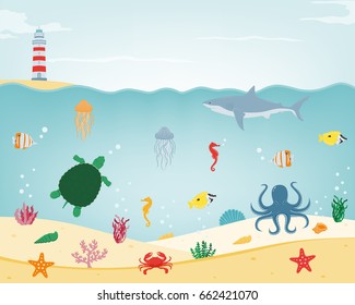 Sea icons and symbols set. Sea animals. Nautical design elements. Vector 