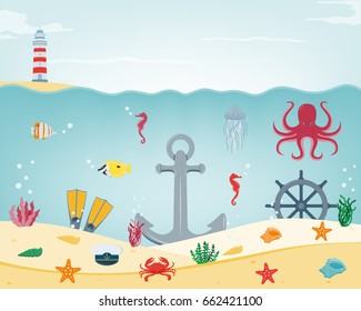 Sea icons and symbols set. Sea animals. Nautical design elements. Vector 