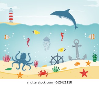 Sea icons and symbols set. Sea animals. Nautical design elements. Vector 