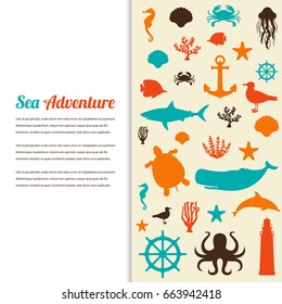 Sea icons and symbols set. Sea animals. Nautical design elements. Vector illustration