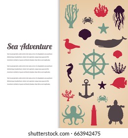 Sea icons and symbols set. Sea animals. Nautical design elements. Vector illustration