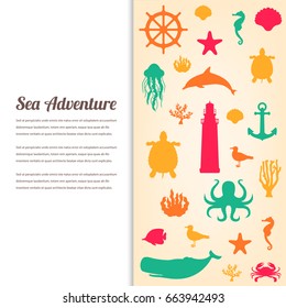 Sea icons and symbols set. Sea animals. Nautical design elements. Vector illustration