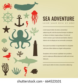 Sea icons and symbols set. Sea animals. Nautical design elements. Vector illustration