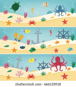 Sea icons and symbols set. Sea animals. Nautical design elements. Concept website template. Vector 