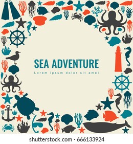 Sea icons and symbols set. Sea animals. Nautical design elements. Vector 