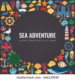 Sea icons and symbols set. Sea animals. Nautical design elements. Vector 