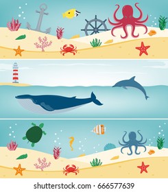 Sea icons and symbols set. Sea animals. Nautical design elements. Concept website template. Vector illustration