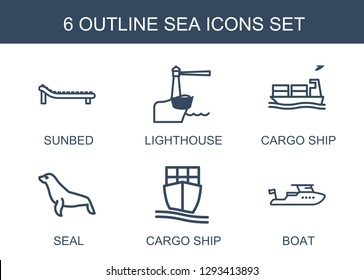 sea icons. Trendy 6 sea icons. Contain icons such as sunbed, lighthouse, cargo ship, seal, boat. sea icon for web and mobile.