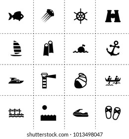 Sea icons. vector collection filled sea icons. includes symbols such as fish, water bike, sea, buoy, binoculars, shell, jellyfish, anchor. use for web, mobile and ui design.