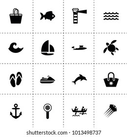 Sea icons. vector collection filled sea icons. includes symbols such as fish, sea search, wave, yacht, beach bag, jellyfish, dolphin. use for web, mobile and ui design.