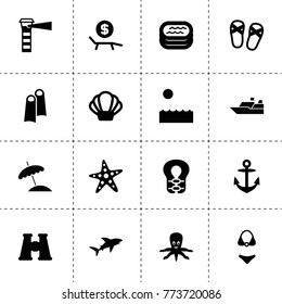 Sea icons. vector collection filled sea icons. includes symbols such as sea, binoculars, lounger rent, swimsuit, starfish, shell, octopus. use for web, mobile and ui design.