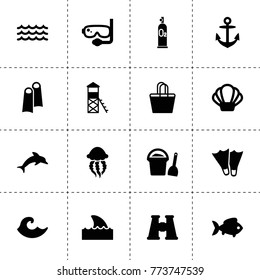 Sea icons. vector collection filled sea icons. includes symbols such as fish, diving mask, oxygen scuba, wave, water tower, binoculars. use for web, mobile and ui design.