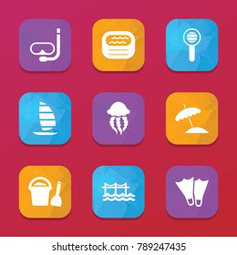 Sea icons. vector collection filled sea icons set.. includes symbols such as sea search, flippers, pool, pier, bucket scoop, jellyfish. use for web, mobile and ui design.