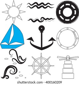 Sea icons. Vector illustration. Helm, waves, life preserver, anchor, sailboat, lighthouse.