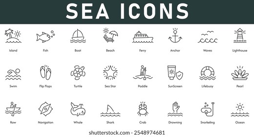 Sea Icons vector illustration with thin line editable stroke contain island fish boat beach ferry anchor waves swim ocean shark whale navigation sea star snorkeling turtle lighthouse