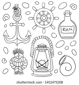 Sea icons vector set. Hand drawn isolated objects. Icons in sketch style. Marine theme