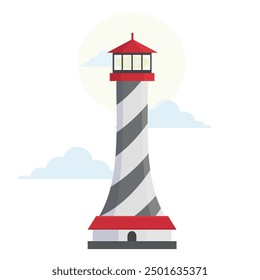 Sea illuminated lighthouse beacon red striped tower building vector flat illustration. Nautical marine navigation coastline light house travel architecture searchlight signal with cloud sky