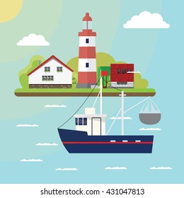 Sea illustration of the island, the lighthouse and fishing boat