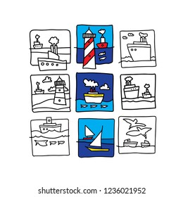 Sea illustration made in cartoon style. Boats, waves, fishes. Vector artwork
