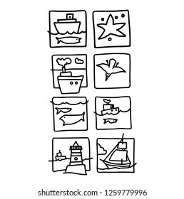 Sea illustration made in cartoon style. Boats, waves, fishes. Vector artwork