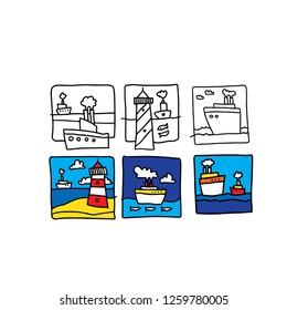 Sea illustration made in cartoon style. Boats, waves, fishes. Vector artwork