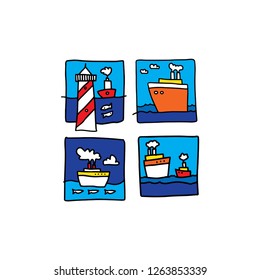 Sea illustration made in cartoon style. Boats, waves, fishes. Vector artwork
