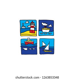 Sea illustration made in cartoon style. Boats, waves, fishes. Vector artwork
