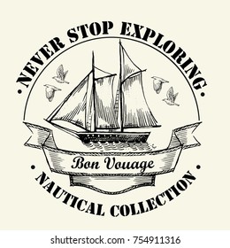 Sea illustration made in retro style. Old gravure style. Ink and pen hand drawn artwork. Ship, lighthouse, marine illustration.