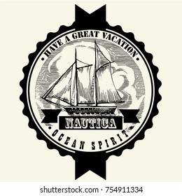 Sea illustration made in retro style. Old gravure style. Ink and pen hand drawn artwork. Ship, lighthouse, marine illustration.