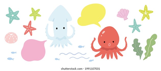 Sea illustration material set, octopus, squid