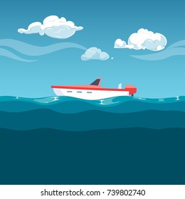 Sea Illustration. Red Boat Rocking On The Waves Ocean Vector