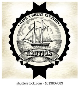 Sea illustration retro style. Old gravure style. Ink and pen artwork.