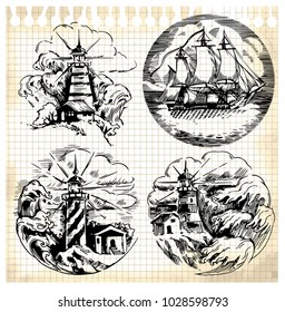 Sea illustration retro style. Old gravure style. Ink and pen artwork.