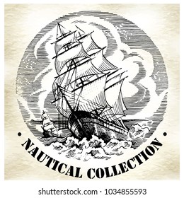 Sea illustration retro style. Old gravure style. Ink and pen artwork.